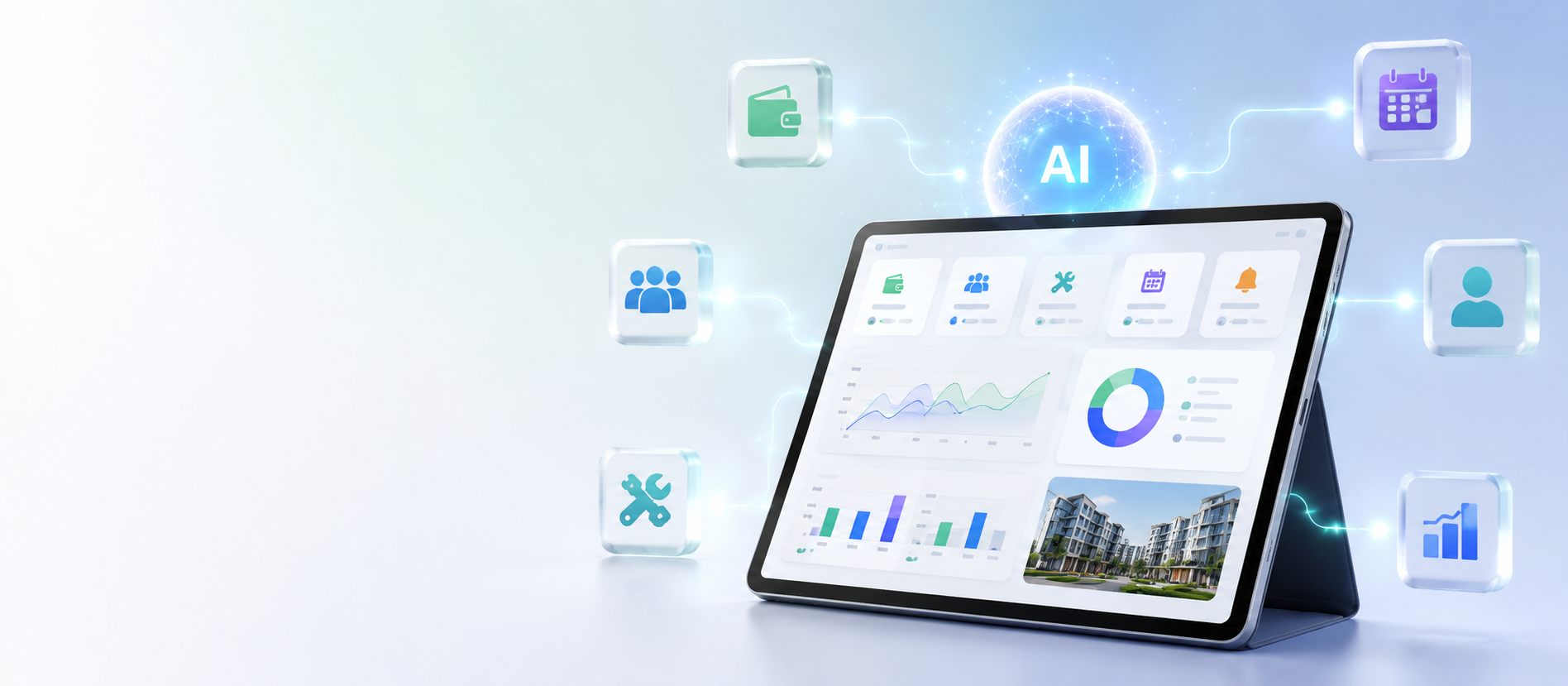 Aawas Link AI dashboard connecting billing, residents, maintenance, bookings and reports