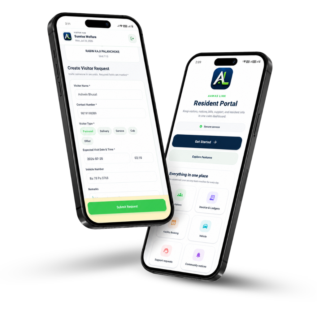 Aawas Link resident portal and visitor request mobile app mockup